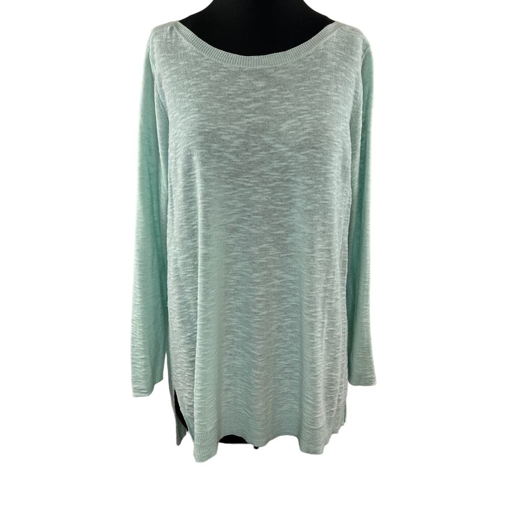 EILEEN FISHER Mint Green Linen Cotton Boat Neck Long Sleeve Pullover Sweater